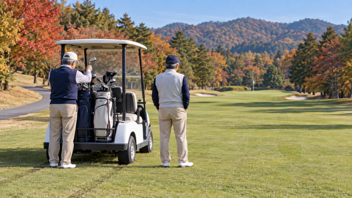 紅葉のゴルフ場でフェアウェイに乗り入れた乗用カートの横に立ち、クラブを選ぶ60代の男性ゴルファー2人