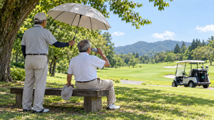 夏のゴルフ場の木陰のベンチで水分補給する60代の男性と、日傘を差しかける仲間