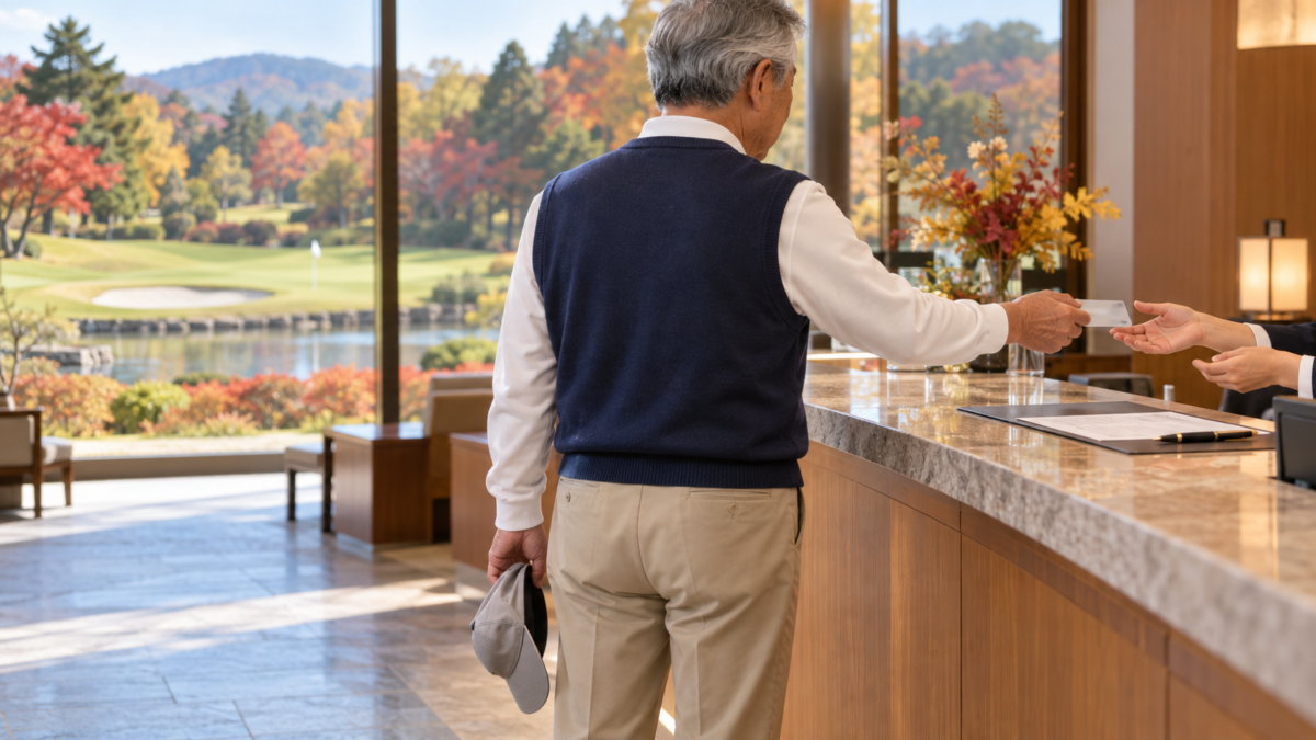 ゴルフ場のクラブハウスの受付で、身分証のカードをスタッフに差し出す70代の男性