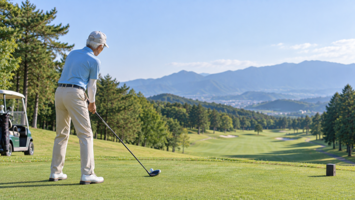 ゴルフ場のティーグラウンドでフェアウェイに向かって構える80代の男性ゴルファー