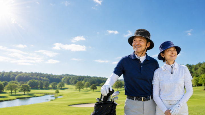 ゴルフ場で笑顔で立つ60代・70代の夫婦ゴルファー