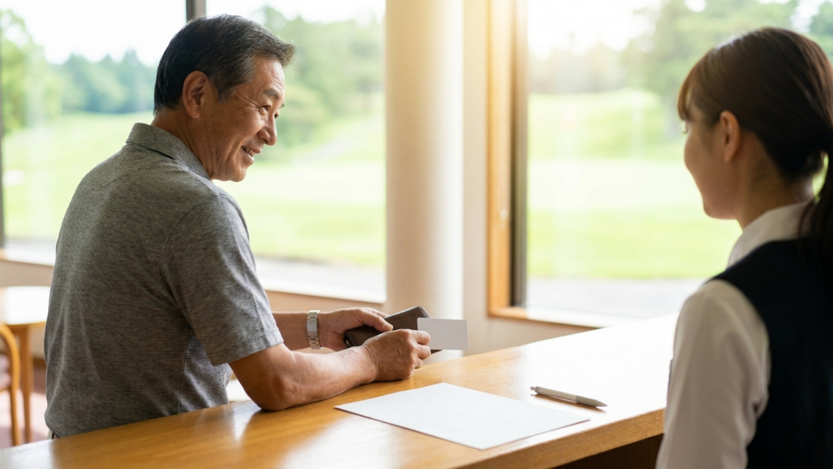 ゴルフ場の受付で身分証サイズのカードを提示するシニア男性(AI生成イメージ)