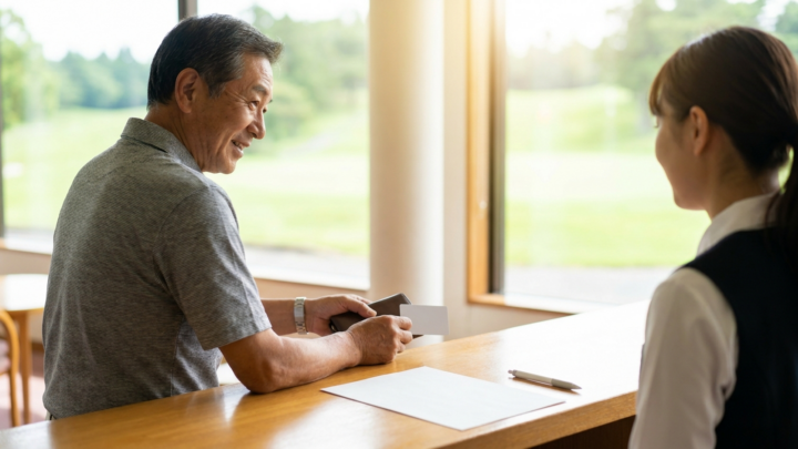 ゴルフ場の受付で身分証サイズのカードを提示するシニア男性（AI生成イメージ）