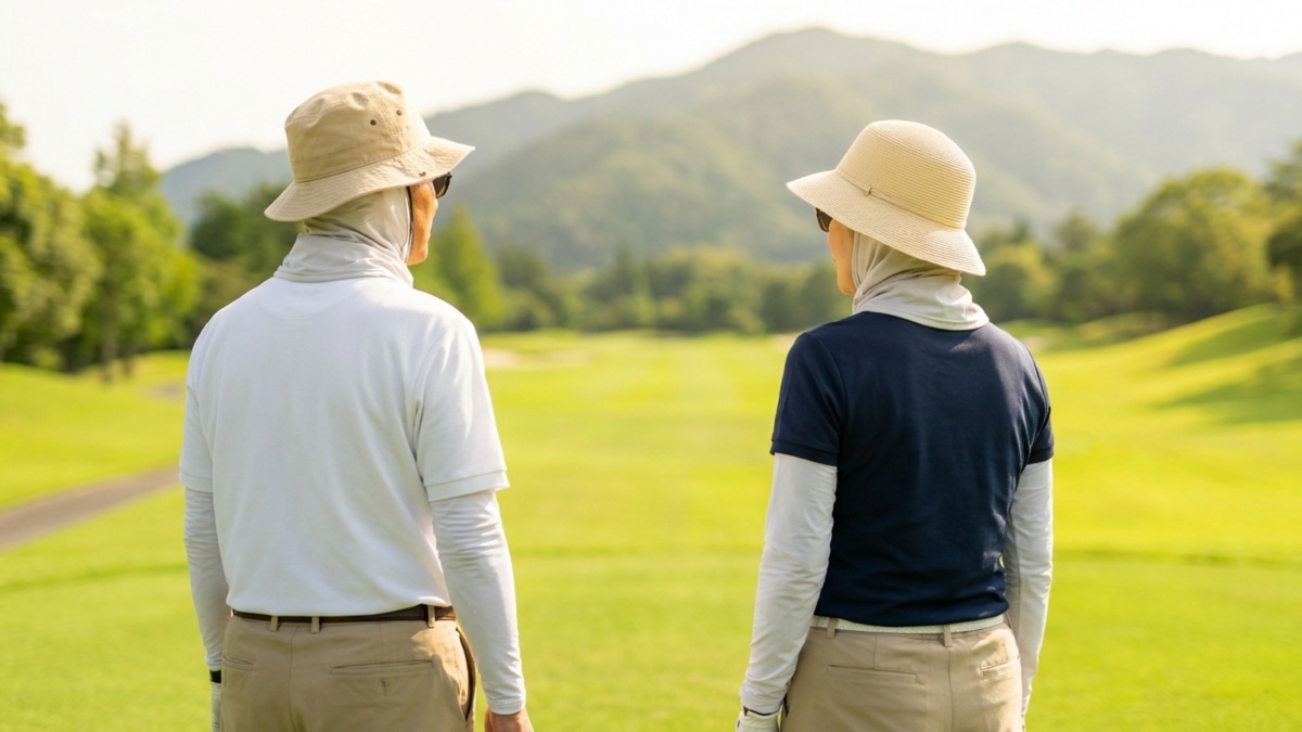 つばの広い帽子と首・腕を覆う服装でコースを見渡すシニアの男女(AI生成イメージ)