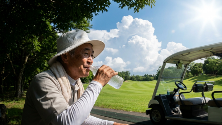 真夏のゴルフ場でカートの横の木陰に休み、水分補給をするシニア男性（AI生成イメージ）