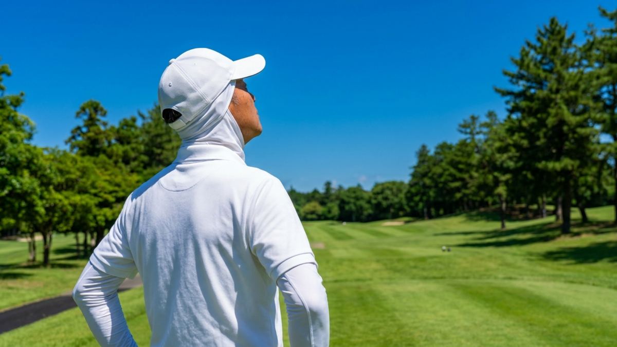 夏のゴルフ場で白い帽子と首・腕を覆うインナーを着て空を見上げるシニア男性（AI生成イメージ）